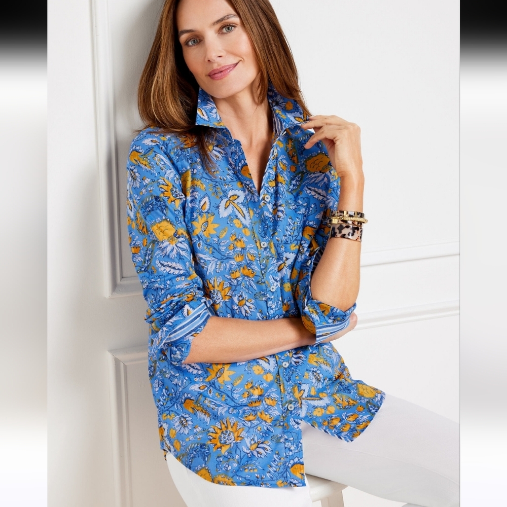 Talbots Cotton Button Front Shirt - Watercolor Botanical Size Small